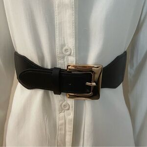 Plus size black PU leather gold tone buckle elastic waistband belt
